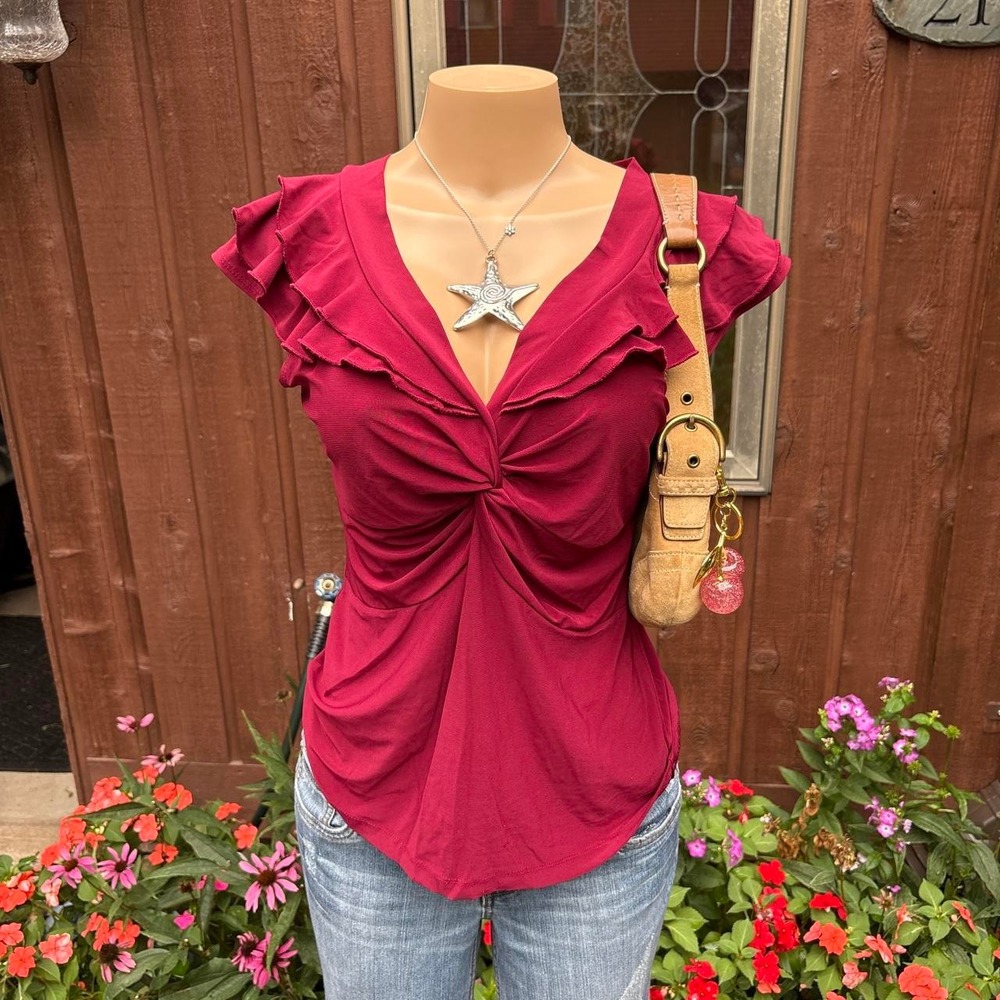 Y2K 2000s Burgundy Ruffle Ruched Going Out Top Size M